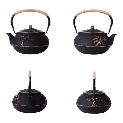 Enameled cast iron teapot gold tree design side view