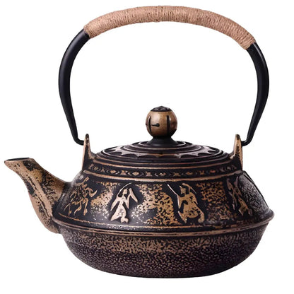 Black and gold cast iron teapot with warrior design, 900 ml