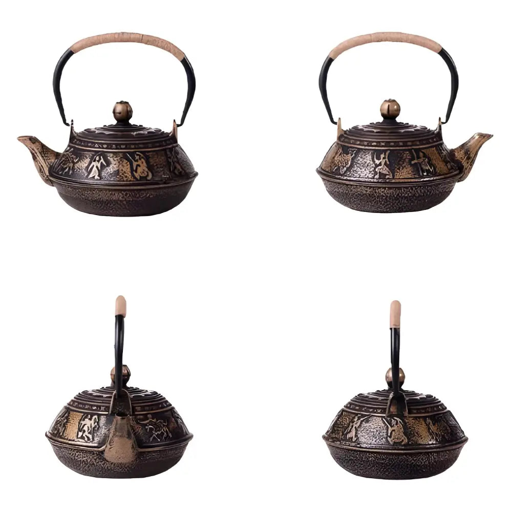 Antique black enameled cast iron teapot gold warrior motif detail