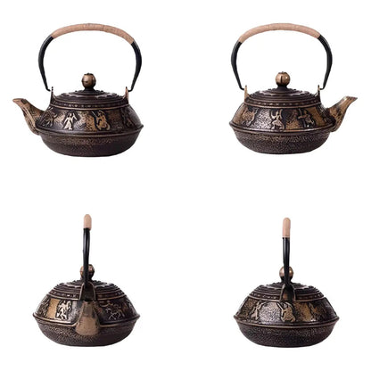 Antique black enameled cast iron teapot gold warrior motif detail