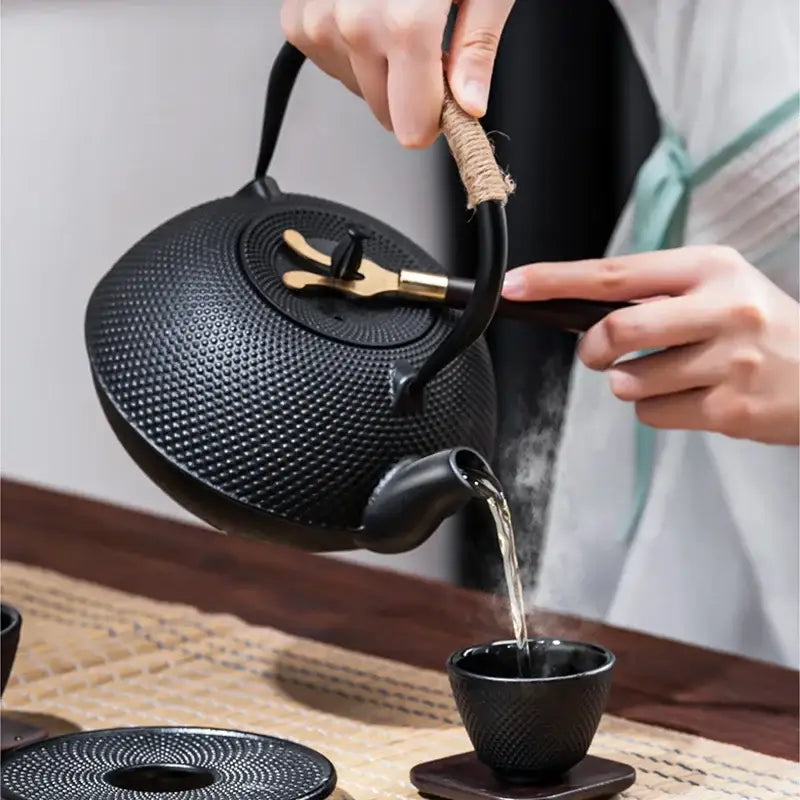 Cast iron teapot with textured body and arched handle, side view