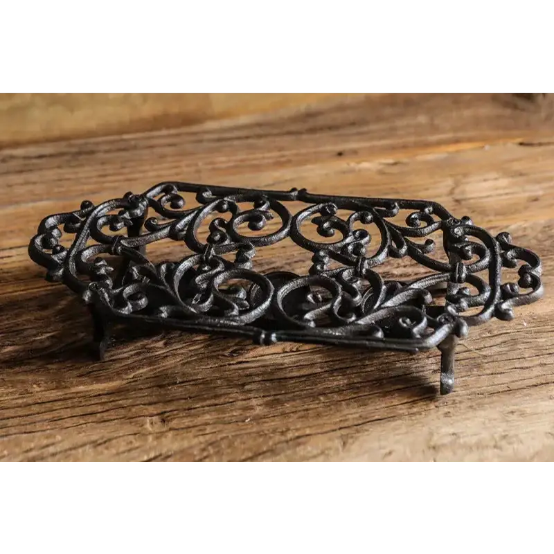 Cast iron teapot warmer stand design option 2, open base wrought iron legs close-up