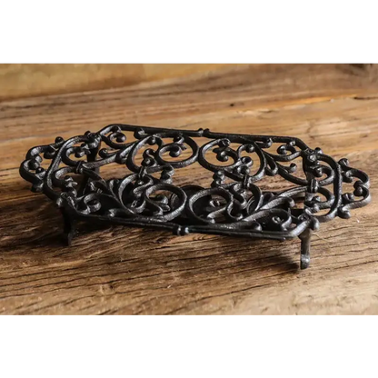 Cast iron teapot warmer stand design option 2, open base wrought iron legs close-up