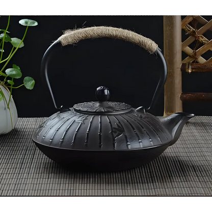 Cast iron bamboo teapot 900ml top view lid and stainless steel infuser basket