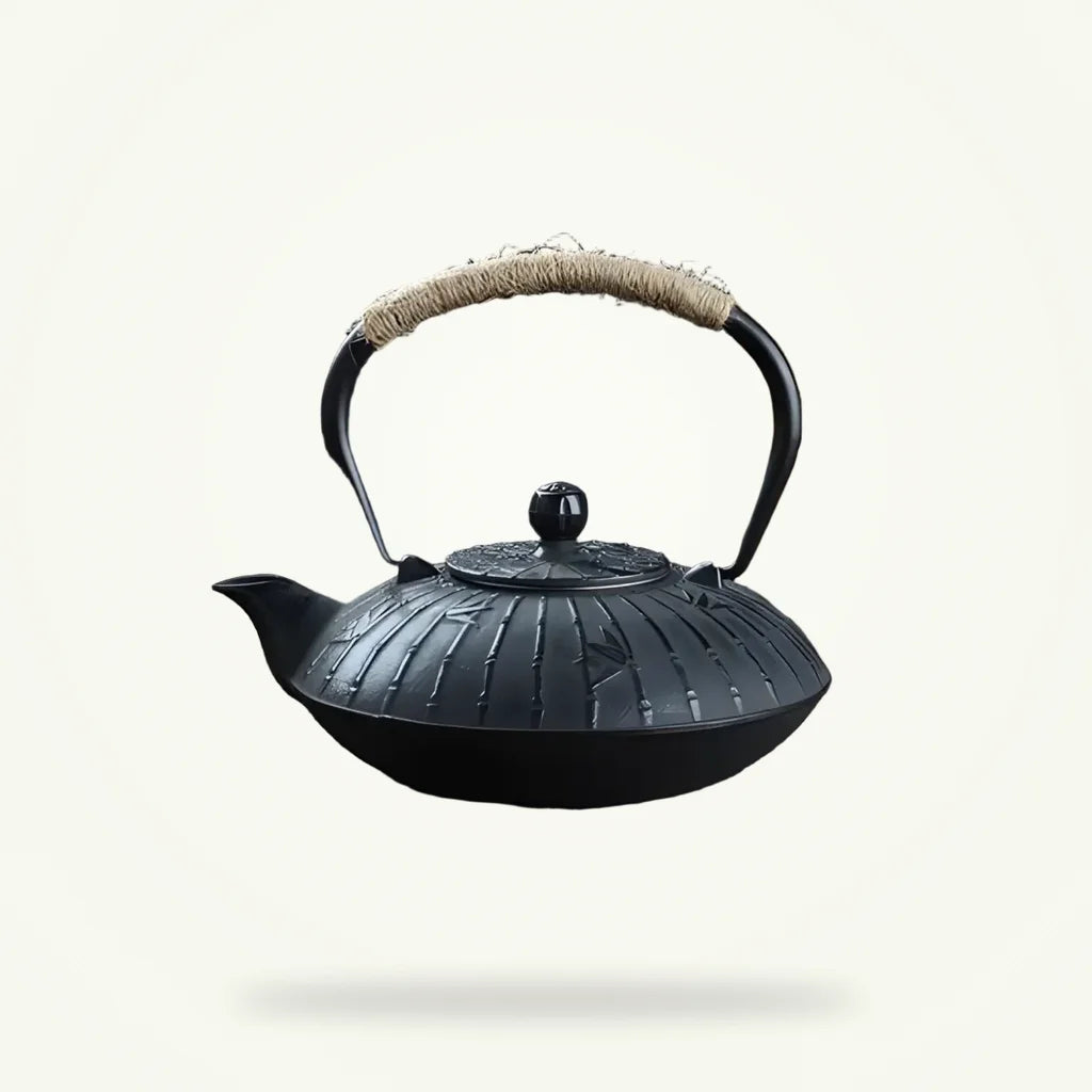 Cast iron teapot bamboo design 900ml matte black packshot on plain background