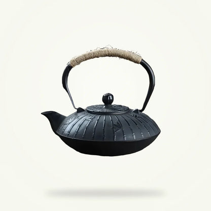 Cast iron teapot bamboo design 900ml matte black packshot on plain background