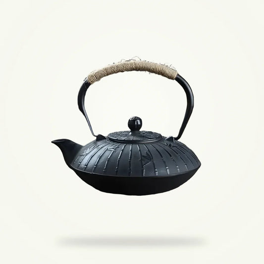 Cast iron teapot bamboo design 900ml matte black packshot on plain background