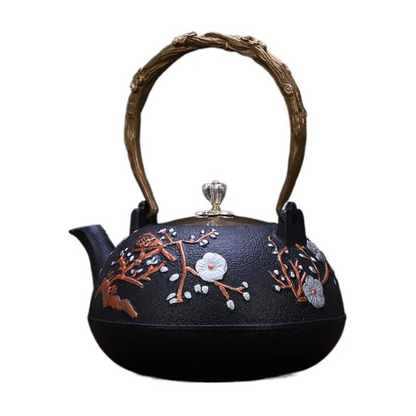 Side profile of 1200ml cast iron teapot showing bird motif and curved spout