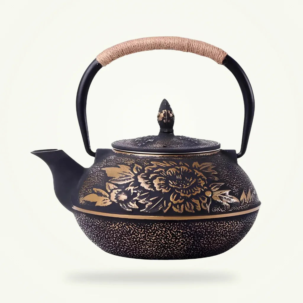 Cast Iron Teapot with Golden Flower Design, 30 oz, product photo on a plain background