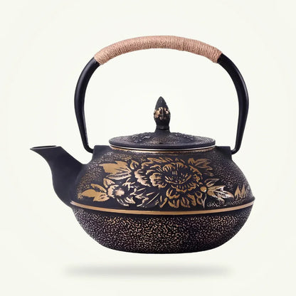 Cast Iron Teapot with Golden Flower Design, 30 oz, product photo on a plain background