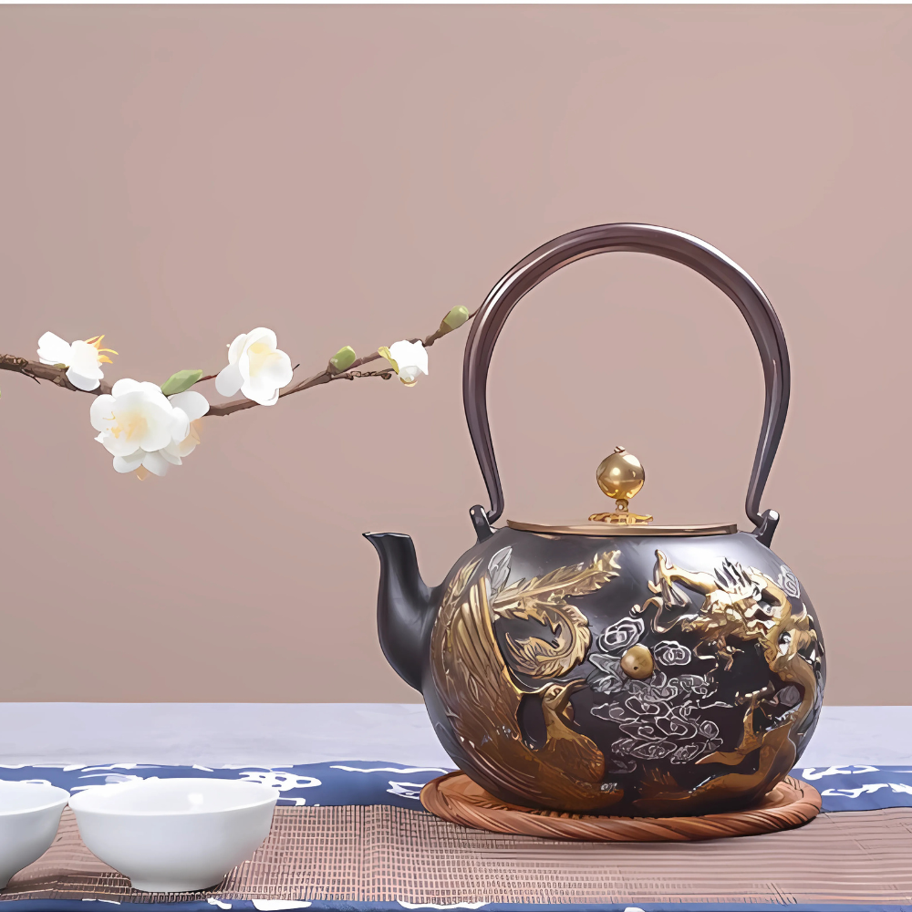 Cast iron teapot with phoenix and dragon design on white background
