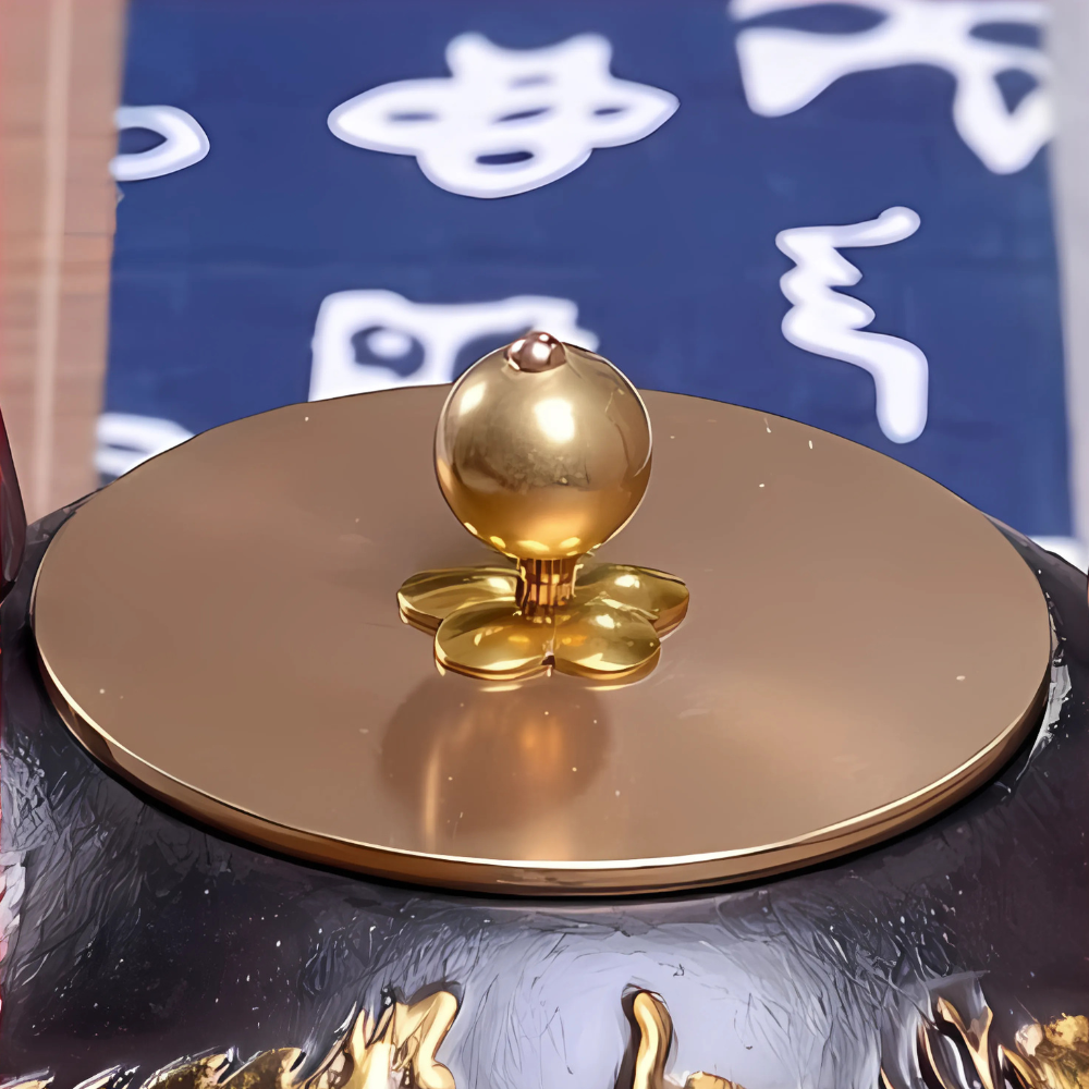 Cast iron teapot with gold accents, elegant display
