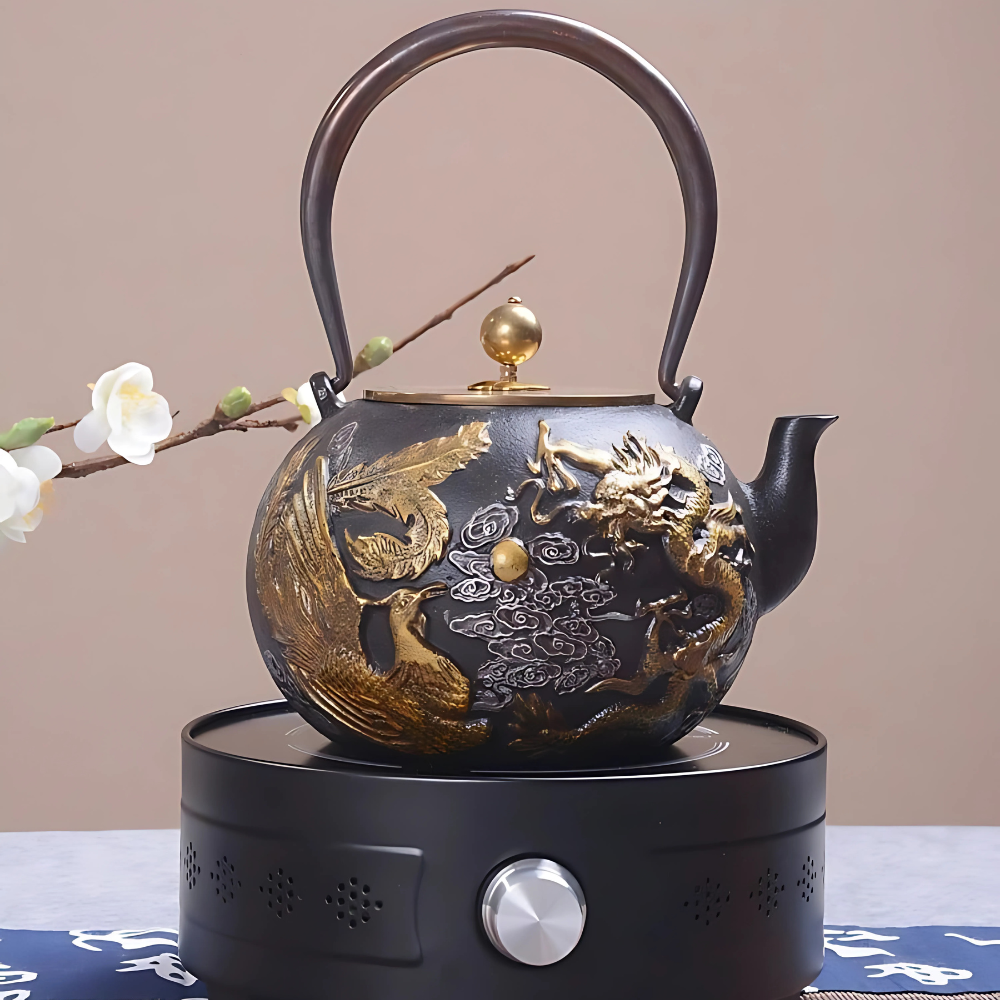 Top view of cast iron teapot showing interior and lid detail