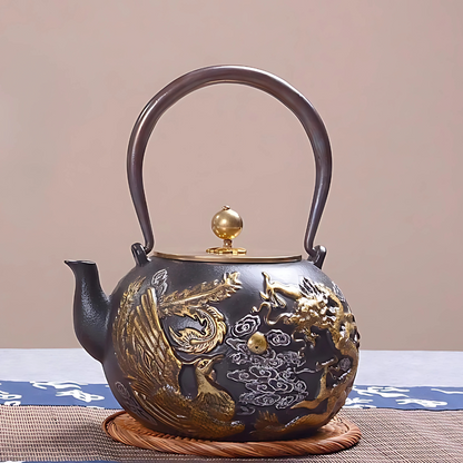 Cast iron teapot with steam rising from spout, cozy setting