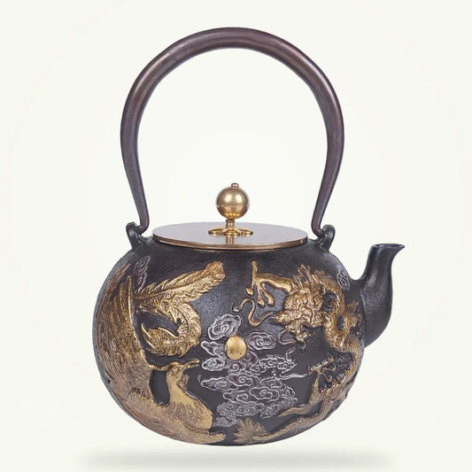 Cast Iron Teapot with Phoenix & Dragon Design, product photo on a plain background
