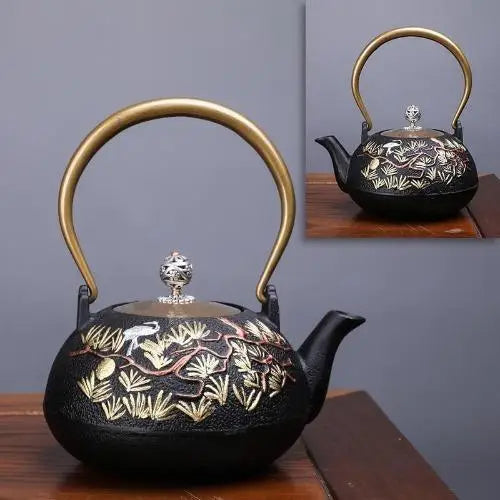 Enameled cast iron teapot with gold accents