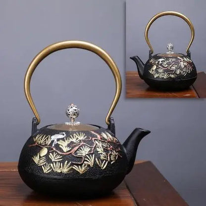 Enameled cast iron teapot with gold accents