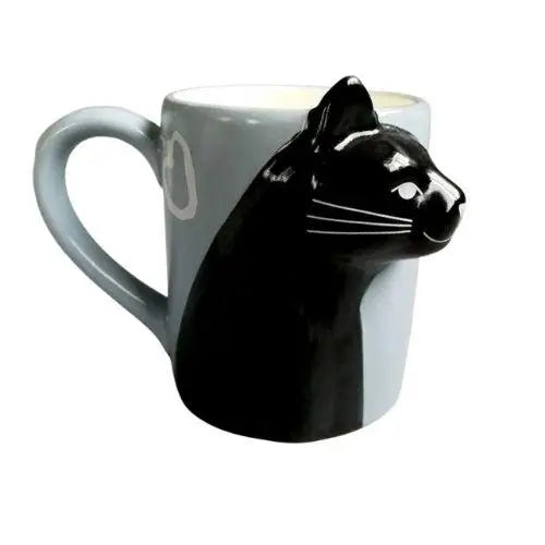 Black cat ceramic tea mug with sculpted cat face detail