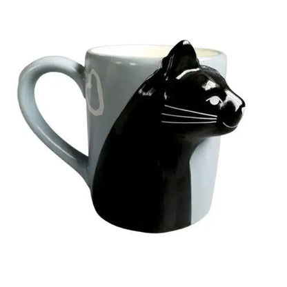 Black cat ceramic tea mug with sculpted cat face detail