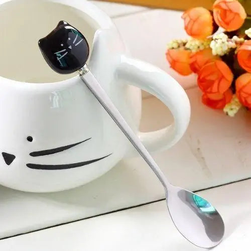 Black and white cat mustache tea cups with spoons