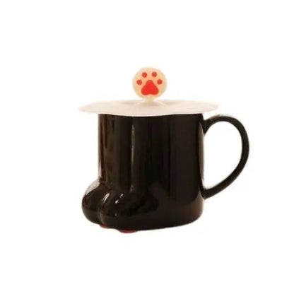 Black cat paw porcelain mug with pink paw pads and fitted lid