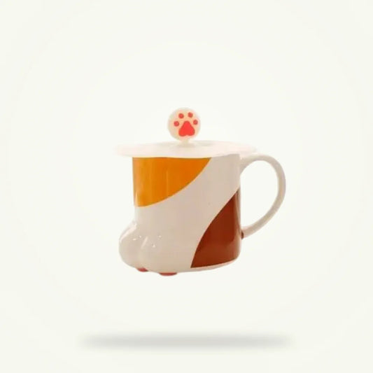 Cat paw tea cup with lid in porcelain, packshot on plain background