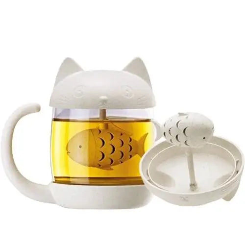 Cat and fish glass tea cup with infuser, full product view