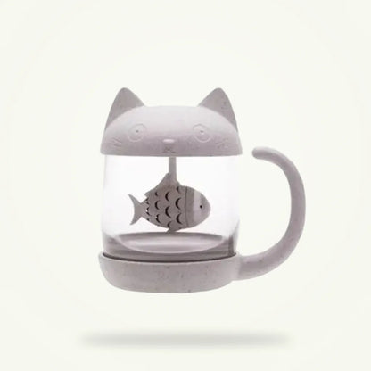 Cat Tea Cup with Infuser, Clear Glass, 8.5 oz, product photo on a plain background