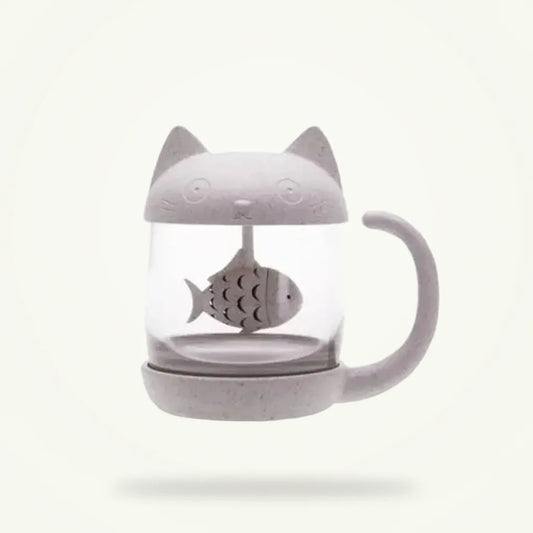 Cat Tea Cup with Infuser, Clear Glass, 8.5 oz, product photo on a plain background
