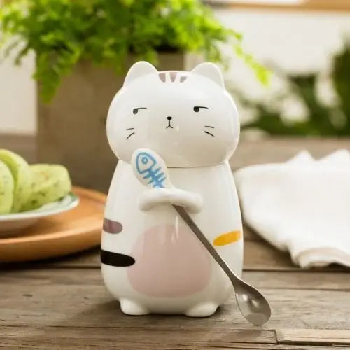 Cat tea mug with lid and spoon side view