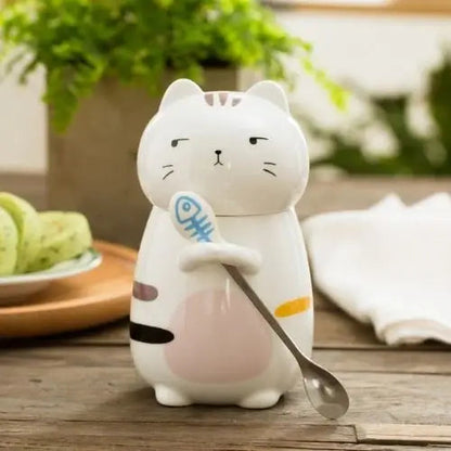 Cat tea mug with lid and spoon side view
