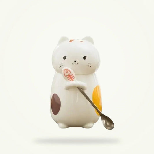 Cat Tea Mug with Lid and Spoon, product photo on a plain background