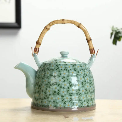 Green ceramic flower teapot with lid