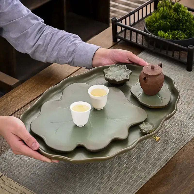 Brown ceramic leaf tea tray with cups