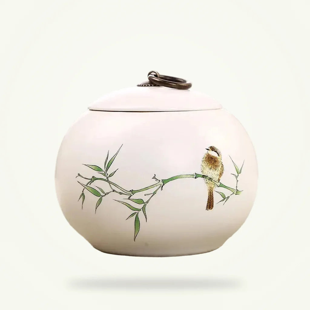 Ceramic tea canister with airtight lid, full product view on plain background