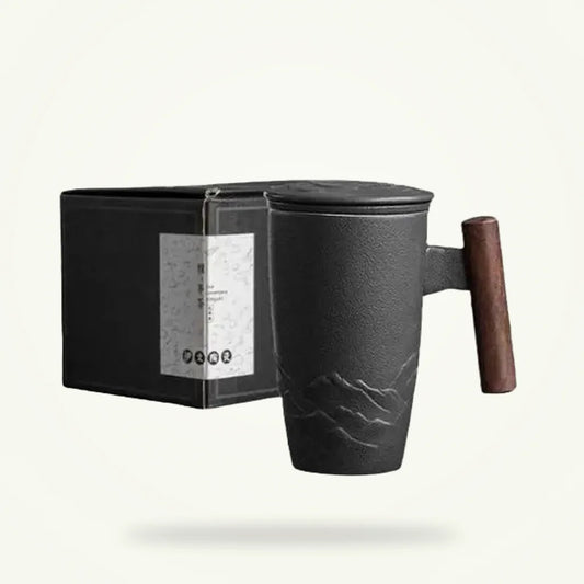 Ceramic Tea Infuser Mug with Lid and Wooden Handle, product photo on a plain background