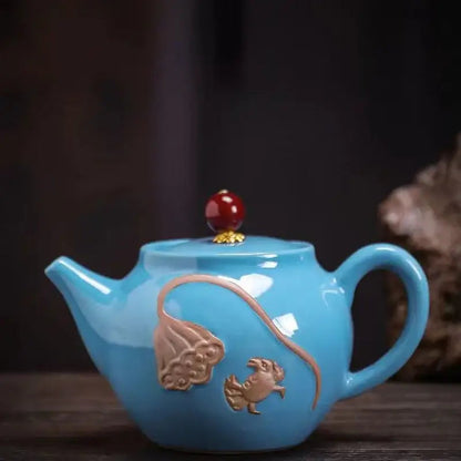 Sky blue ceramic teapot for one with tea cup