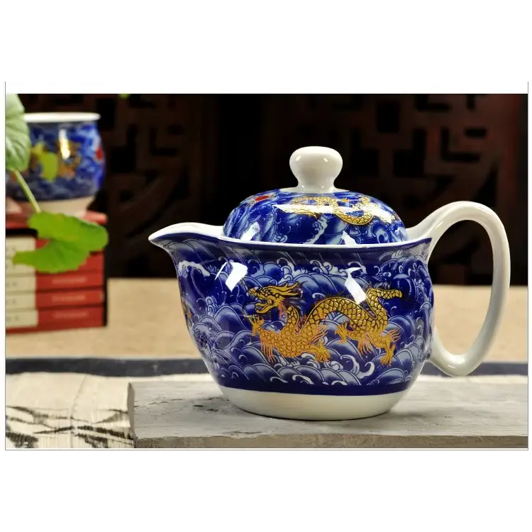 Blue ceramic dragon teapot with built-in strainer