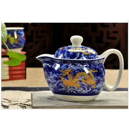 Blue ceramic dragon teapot with built-in strainer