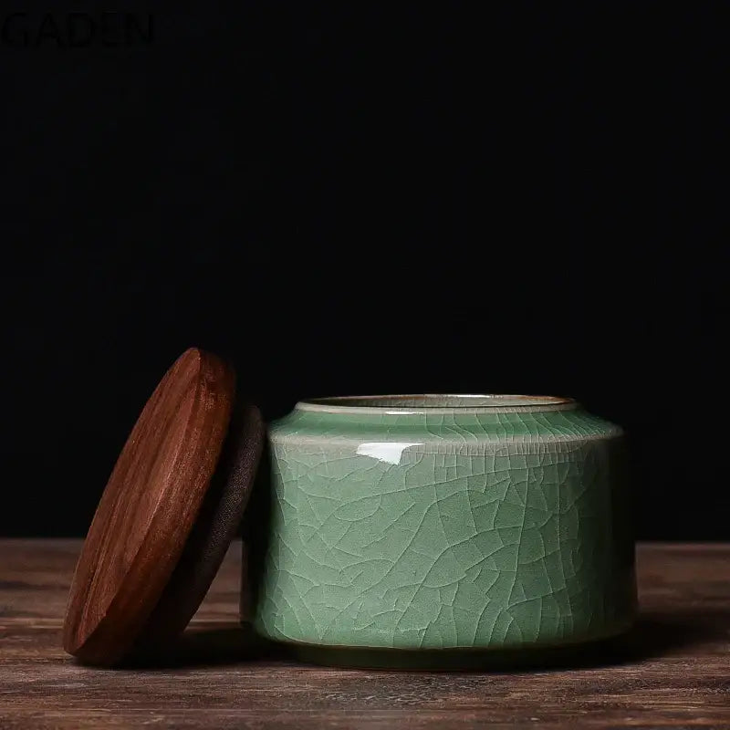 Chinese ceramic tea canister light green glaze with fitted airtight lid