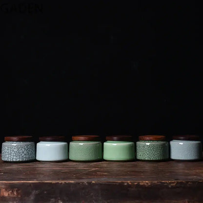 Airtight ceramic tea canister lid removed showing loose leaf tea inside