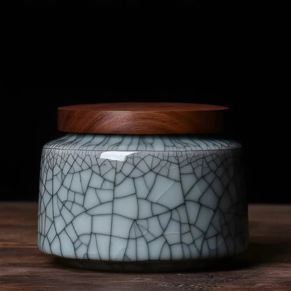Dark blue patterned Chinese ceramic tea storage canister side view