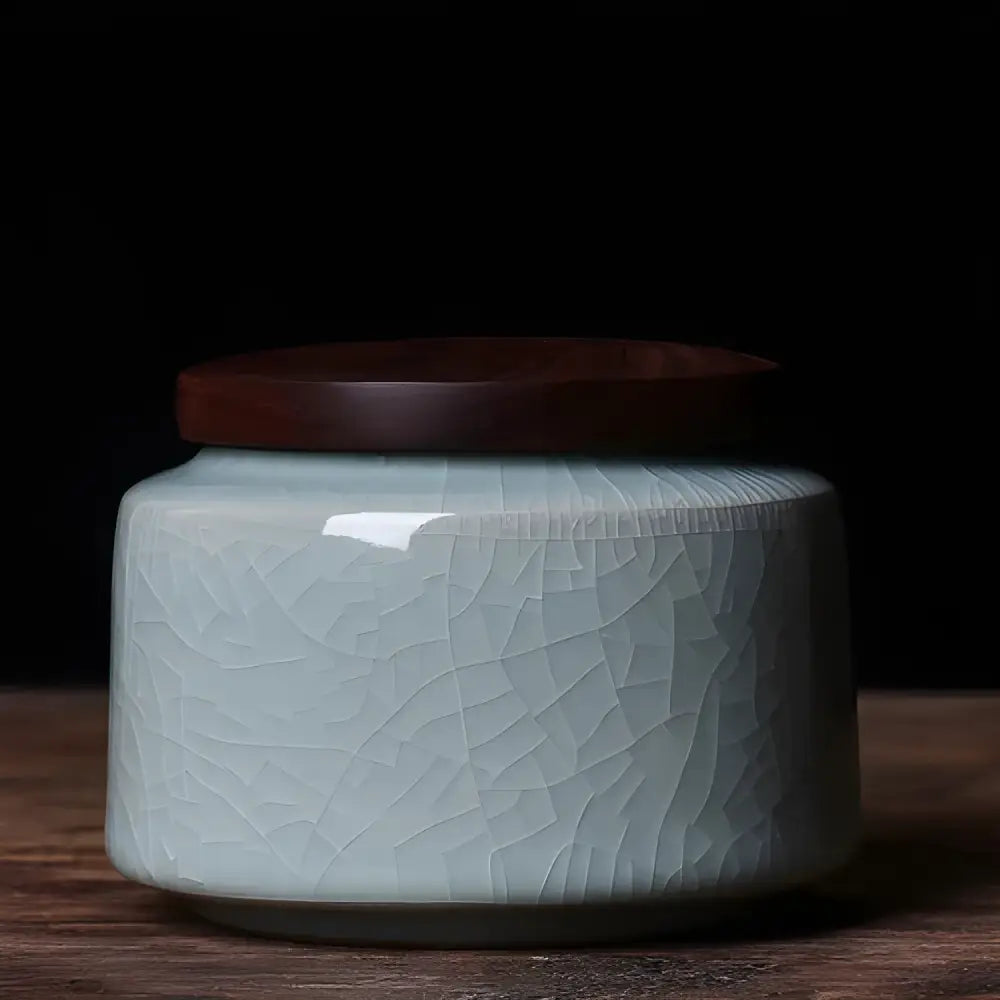 Light blue granulated texture Chinese ceramic tea canister with lid