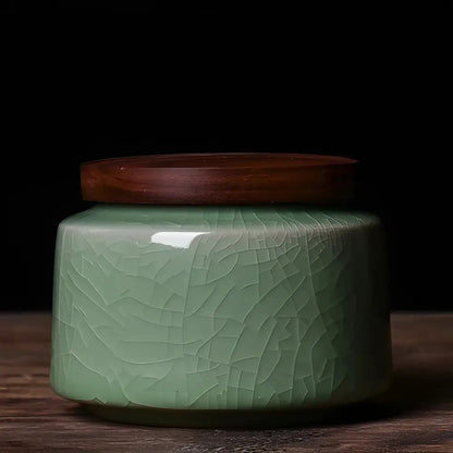 Light green granulated ceramic tea canister for loose leaf tea storage