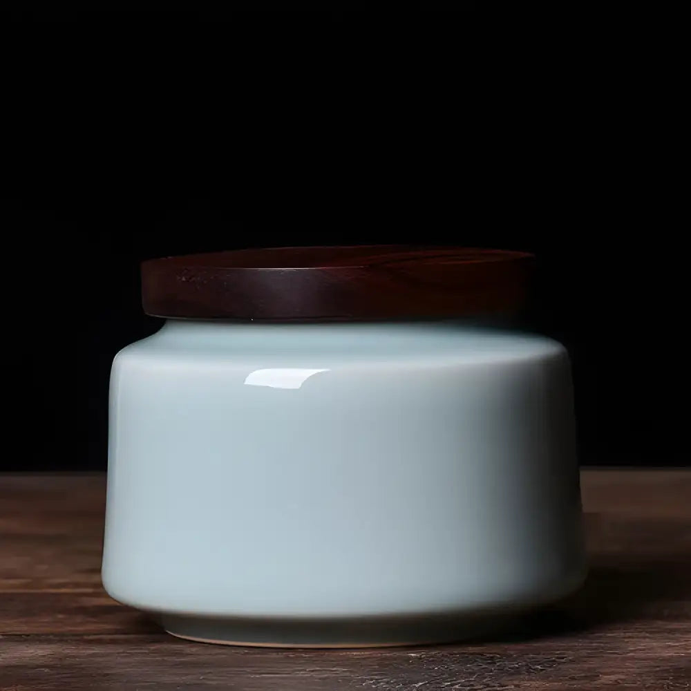 Light blue Chinese ceramic tea canister smooth glaze airtight storage