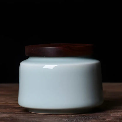 Light blue Chinese ceramic tea canister smooth glaze airtight storage