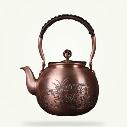 Chinese copper teapot with engraved fields motif, 1.5L, full product view on plain background