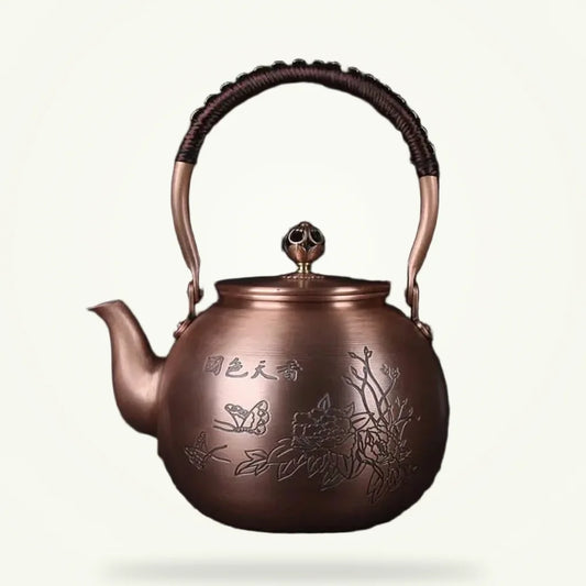 Chinese copper teapot with floral motif 1.5L, full product view on plain background