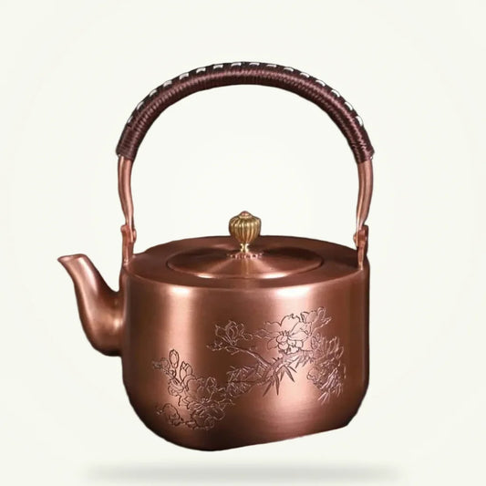 Chinese copper teapot with flower motif, 1.5L, full packshot on plain background