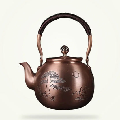 Chinese copper teapot with engraved moon motif, 1.5L, front view on plain background